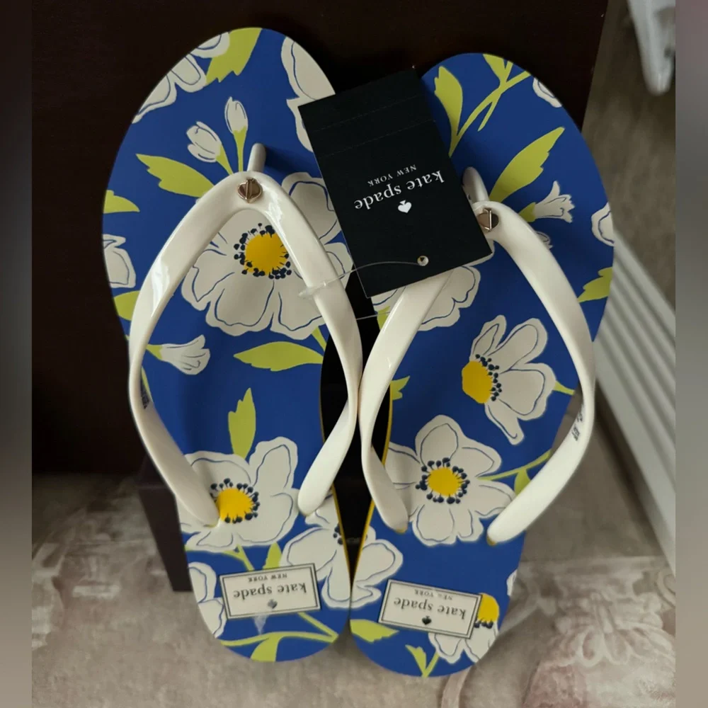 KATE SPADE FLORAL FLIP FLOPS BLUE YELLOW WHITE SIZE 39.5